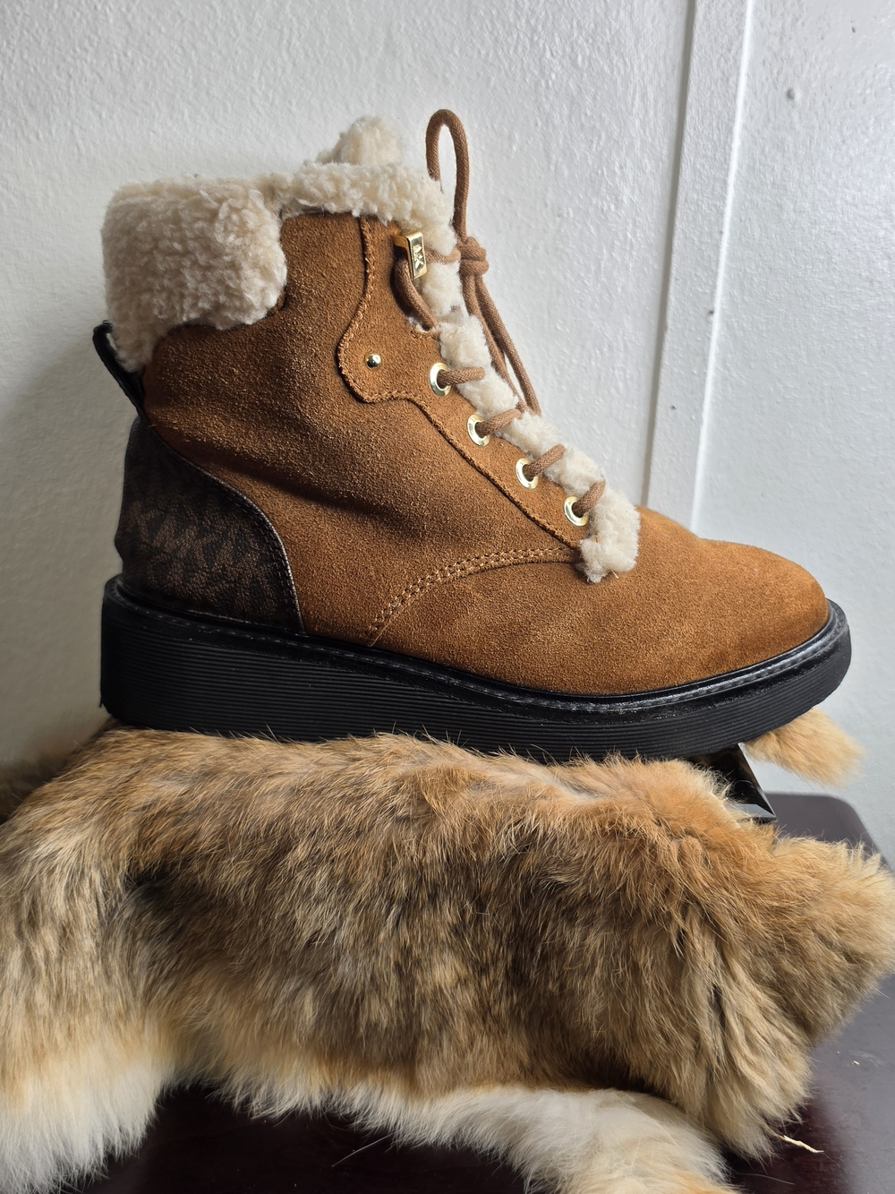 Michael Kors Tan Suede Shearling Lace-Up Ankle Boots - Picture 10 of 14